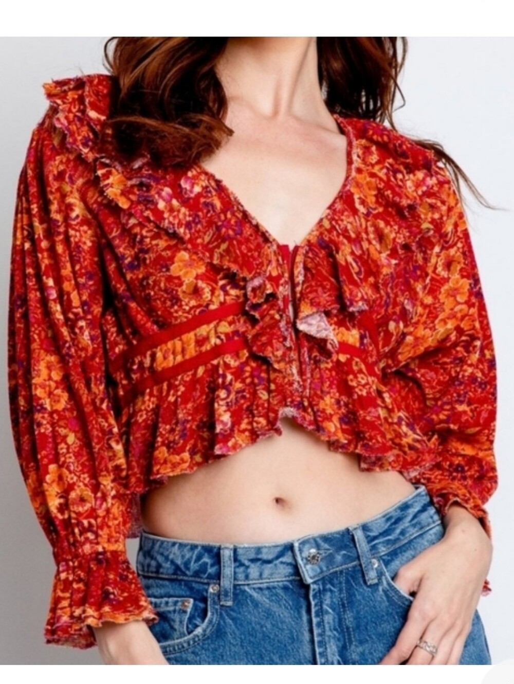Free People Rudi Floral Printed Ruffle Cropped Blouse Cherry Combo Size S NWT